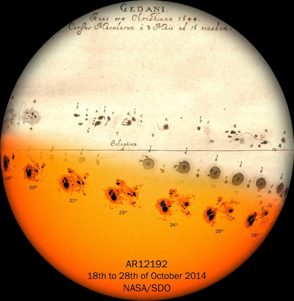  El sol con las observaciones de Hevelius en 1644 con imágenes del Observatorio de Dinámica Solar de la NASA, la composición constó de 700 observaciones