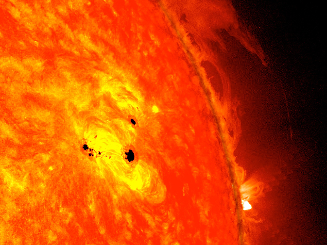 En esta imagen, se ve una región activa en el Sol con manchas solares oscuras. Fuente de la imagen: NASA/SDO/AIA/HMI/Goddard Space Flight Center