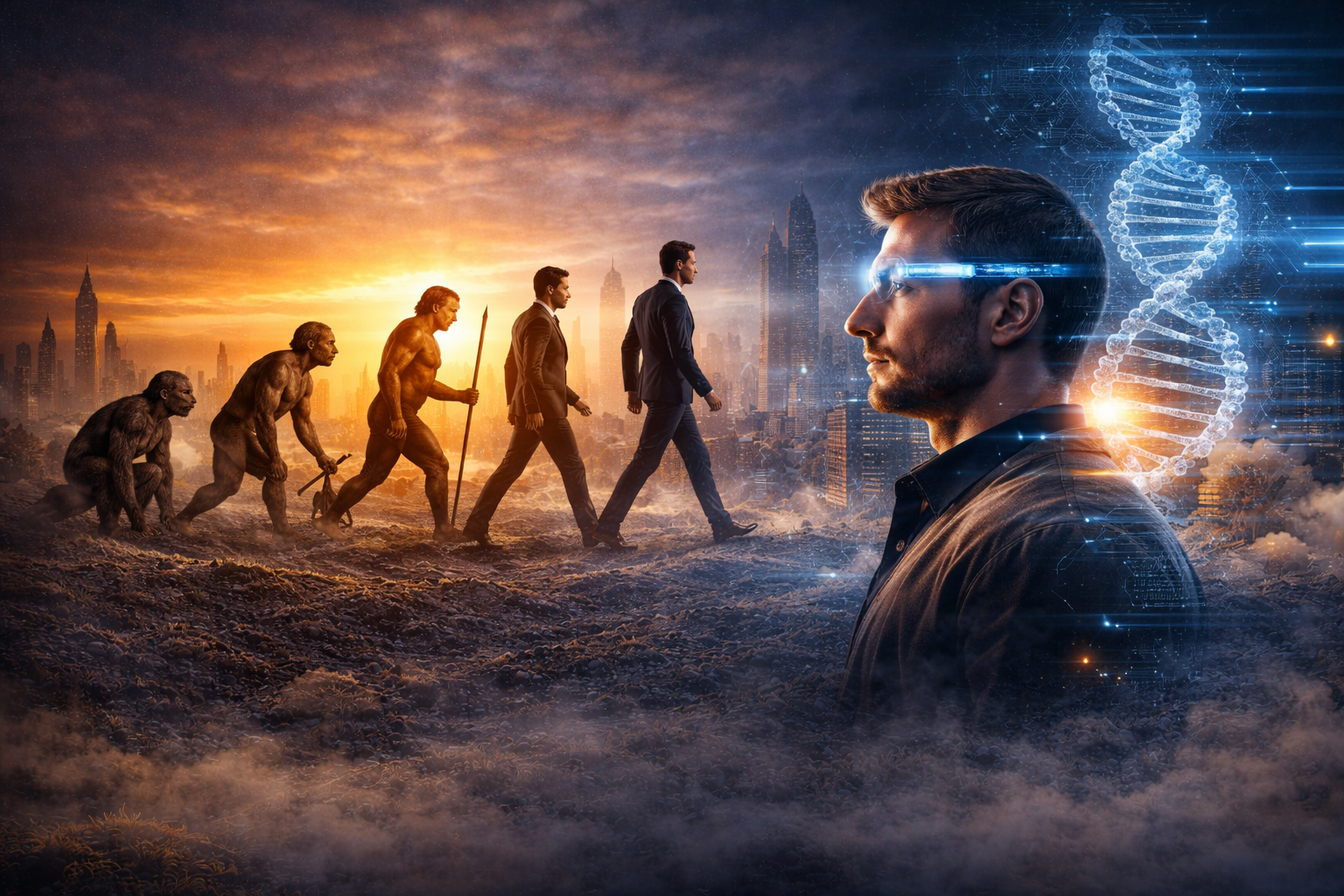 Evolución humana moderna con tecnología y ADN digital