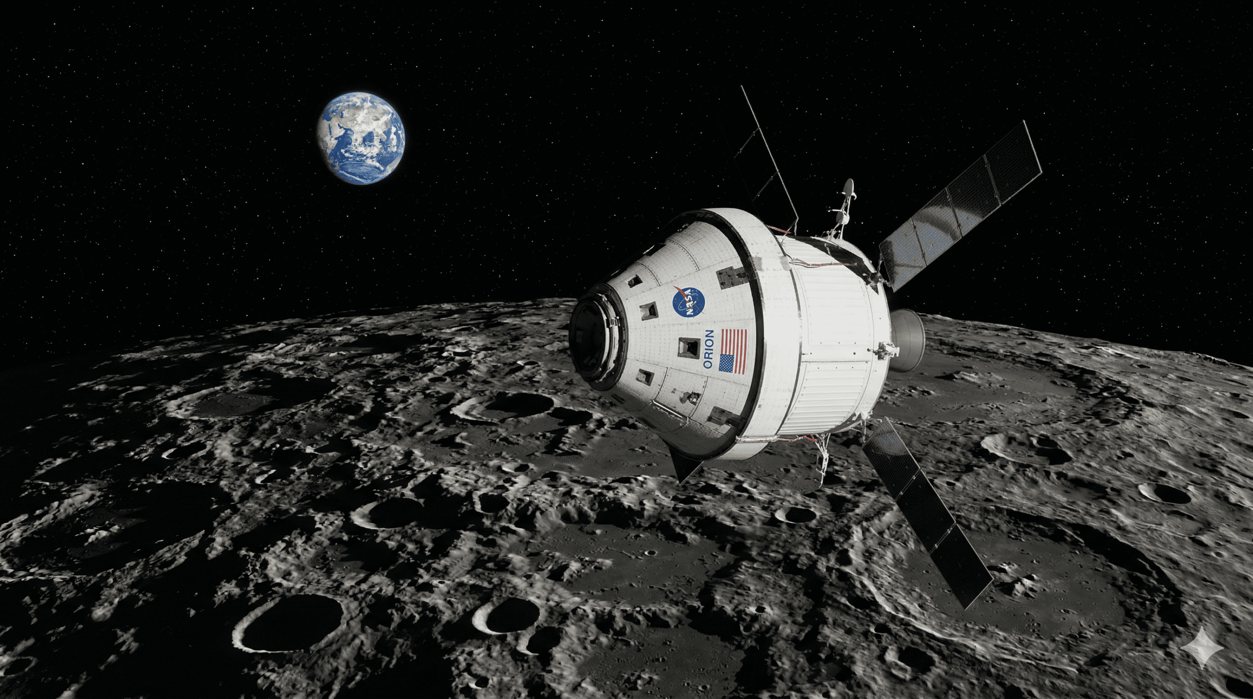 Cápsula Orion de la NASA sobrevolando la superficie llena de cráteres de la Luna en el espacio profundo.