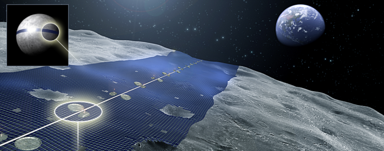 Ilustración conceptual del Luna Ring, un cinturón de paneles solares sobre el ecuador de la Luna transmitiendo energía a la Tierra.