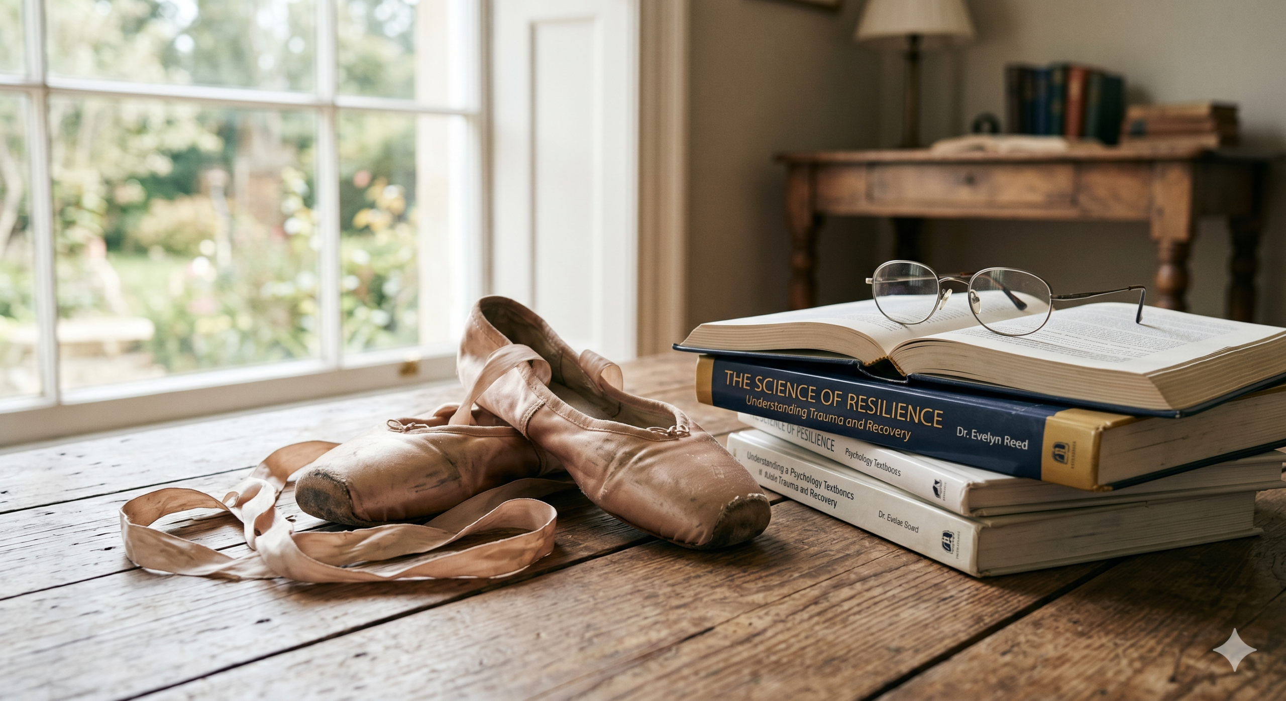 Zapatillas de ballet y libros de psicología representando el legado de Edith Eger.