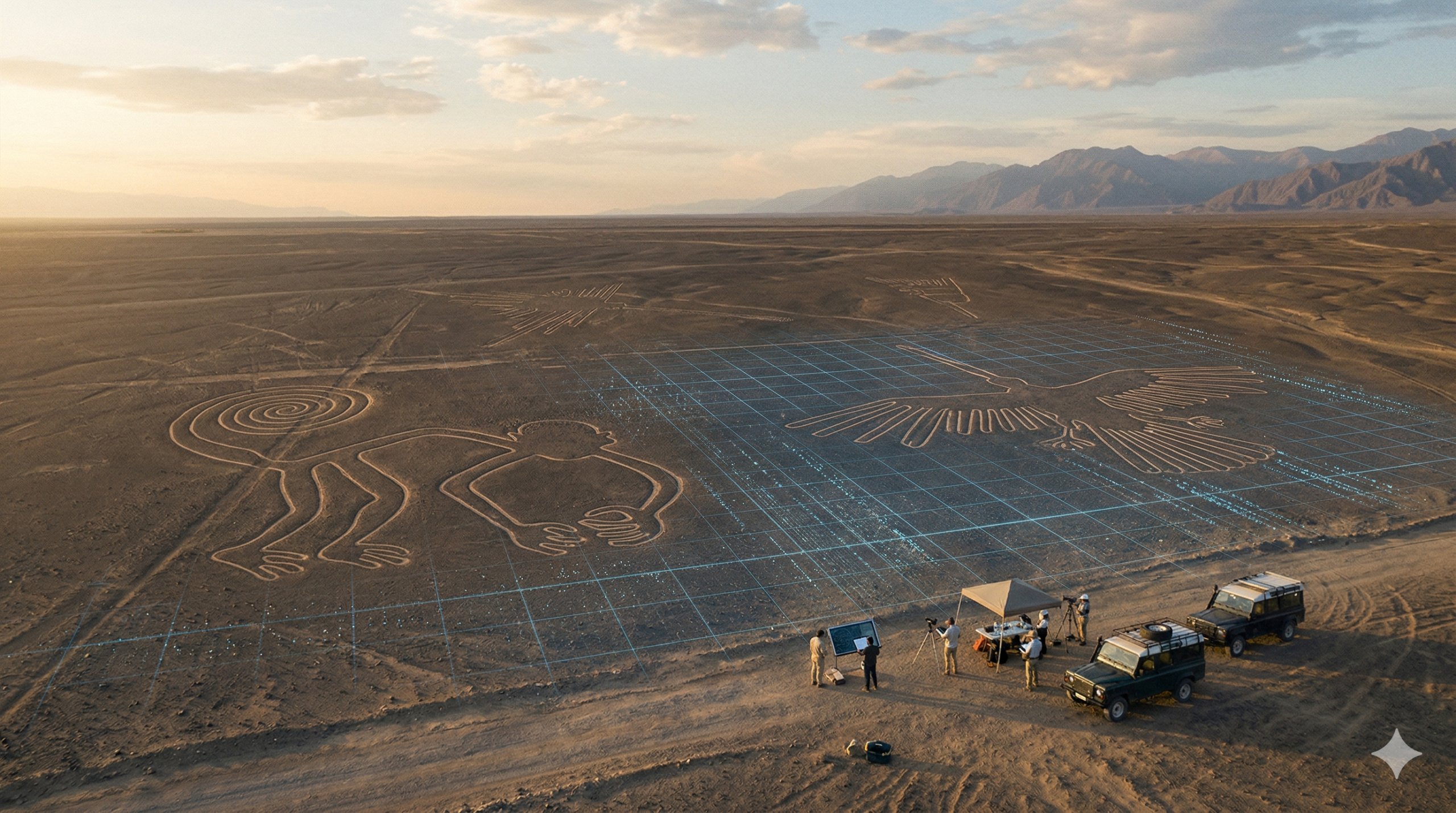 Visualización de inteligencia artificial escaneando geoglifos en el desierto de Nazca.