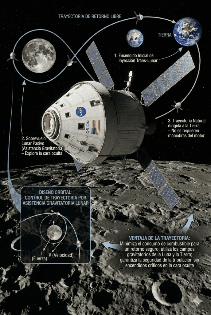 Diagrama técnico en español que ilustra la trayectoria de retorno libre de Artemis II, mostrando el sobrevuelo lunar y el regreso a la Tierra.